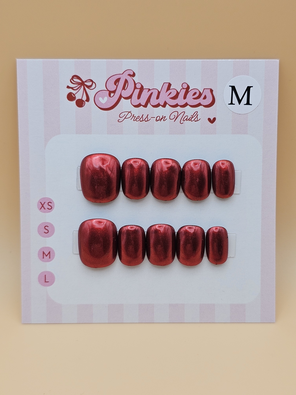Press-on Nails Set 10pc Size M Short Round Red Chrome